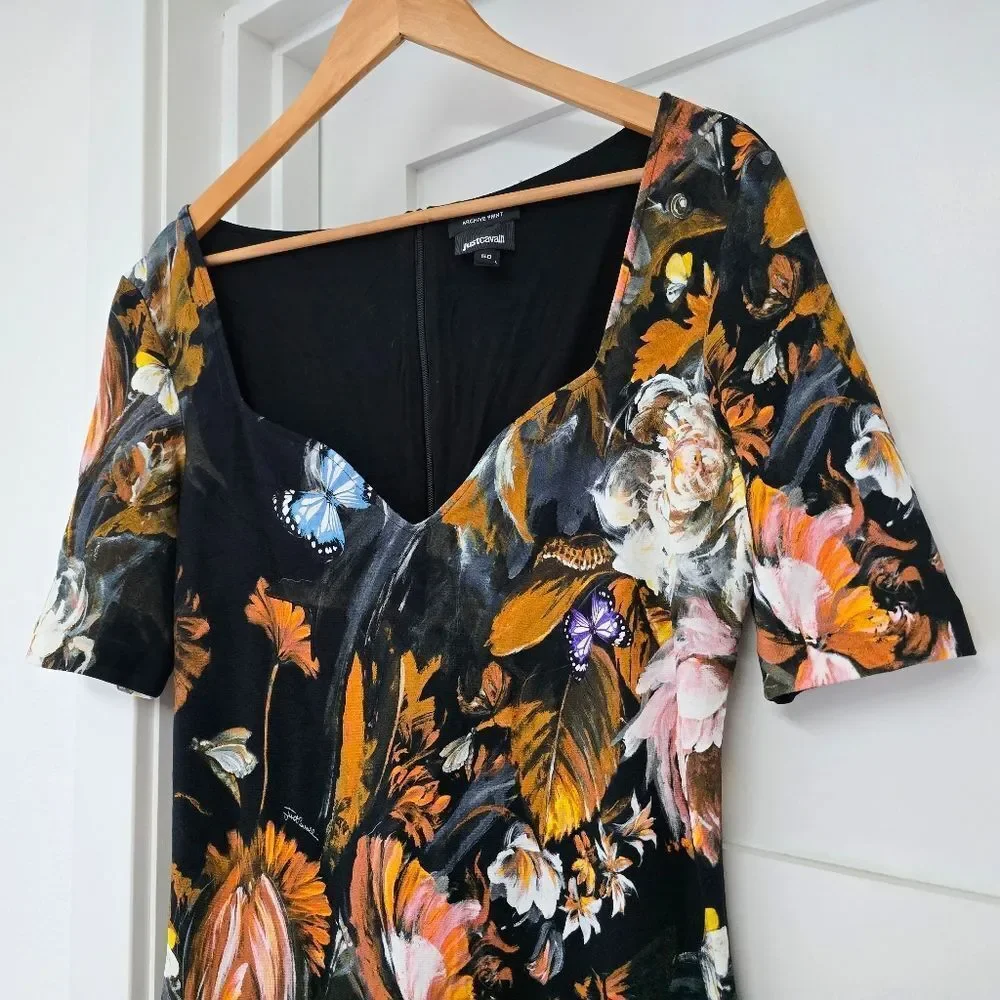 Just Cavalli Archive Print Sweetheart Pencil Dress in Floral Butterfly Print